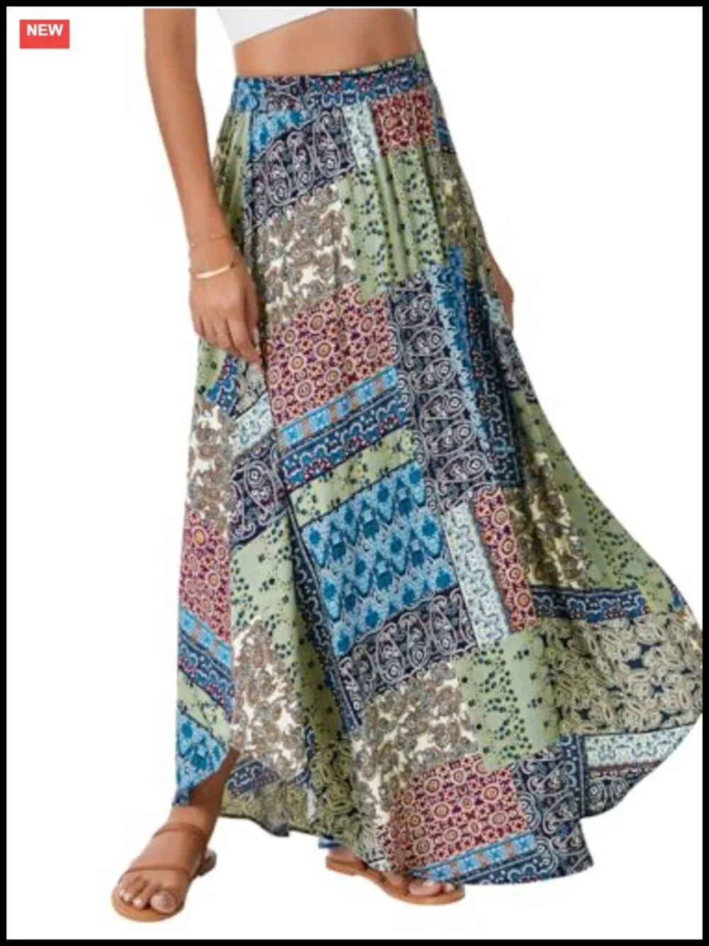 Boho Flowy Maxi Skirt Asymmetric A Line Elastic Waist Summer